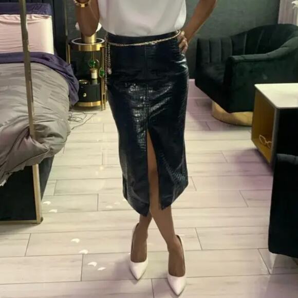 Tanya Taylor Blue Faux Leather Pencil Skirt Size 6 Croc Embossed Designer $425 - Picture 6 of 13